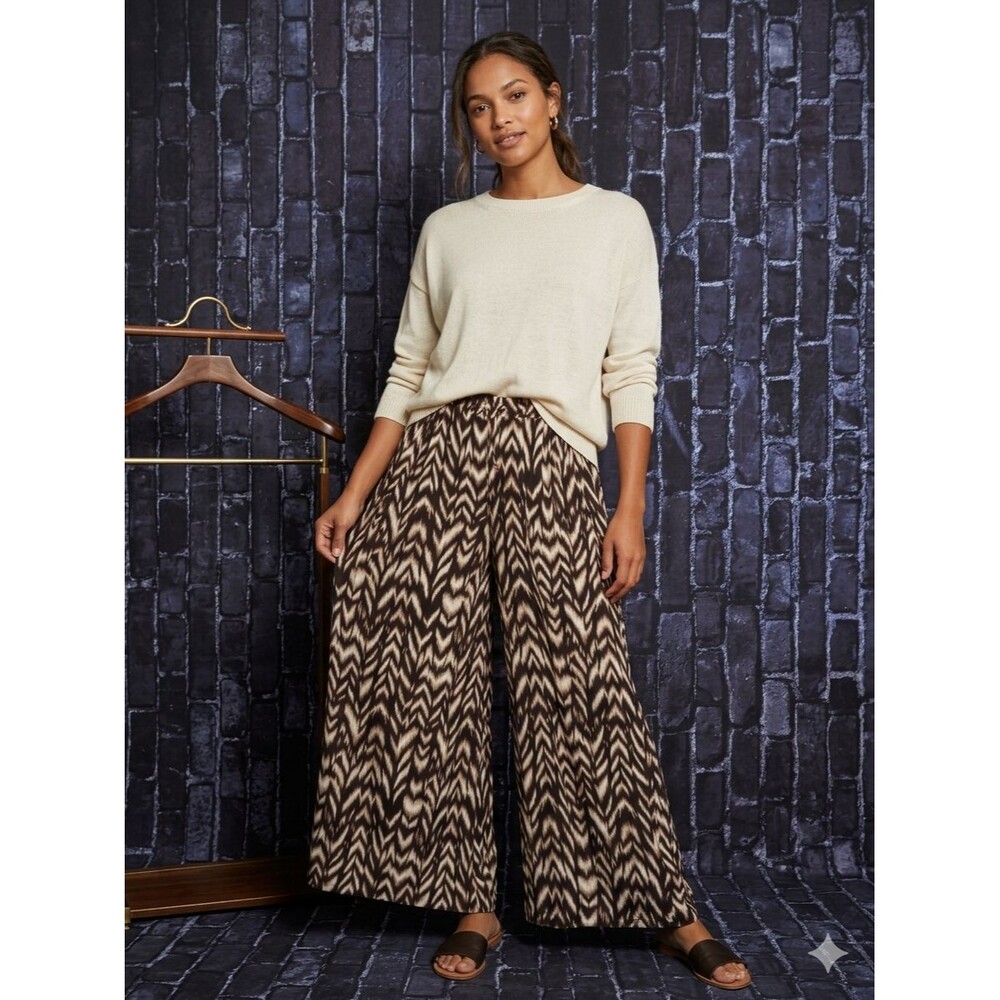 New Directions Pull on Palazzo Pants Women's Large Brown Tan Ikat Chevron Print